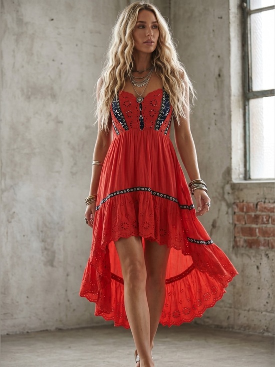 Free People Dresses & Skirts - Free People Bossa Nova Eyelet Boho Hi-Low Maxi Dress Red Size 4